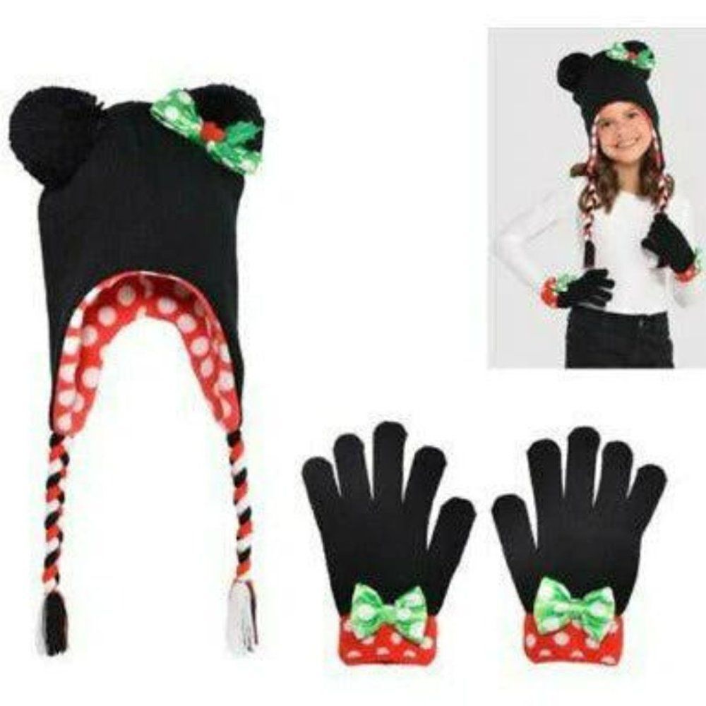 Disney Kid's Girl Red & Black Christmas Cold Weather Minnie Mouse Hat & …